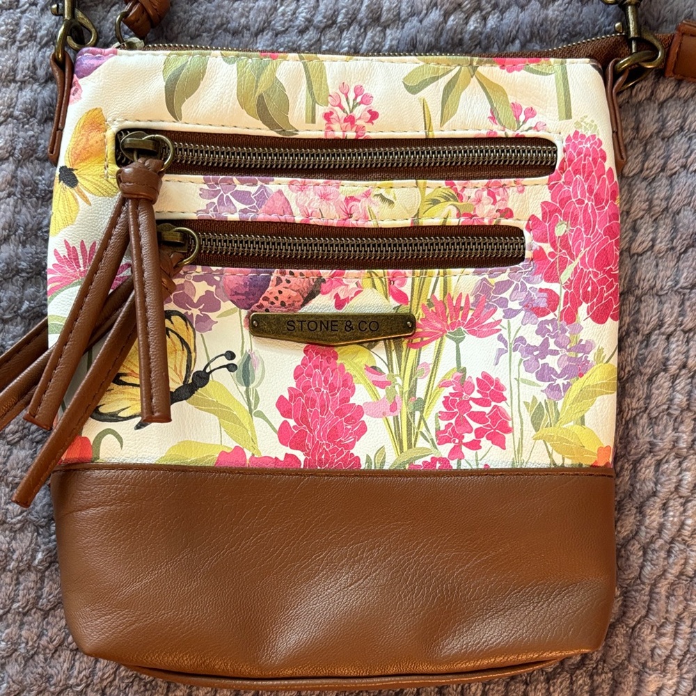 Stone & Co. Floral Crossbody Bag - Cream and Brown